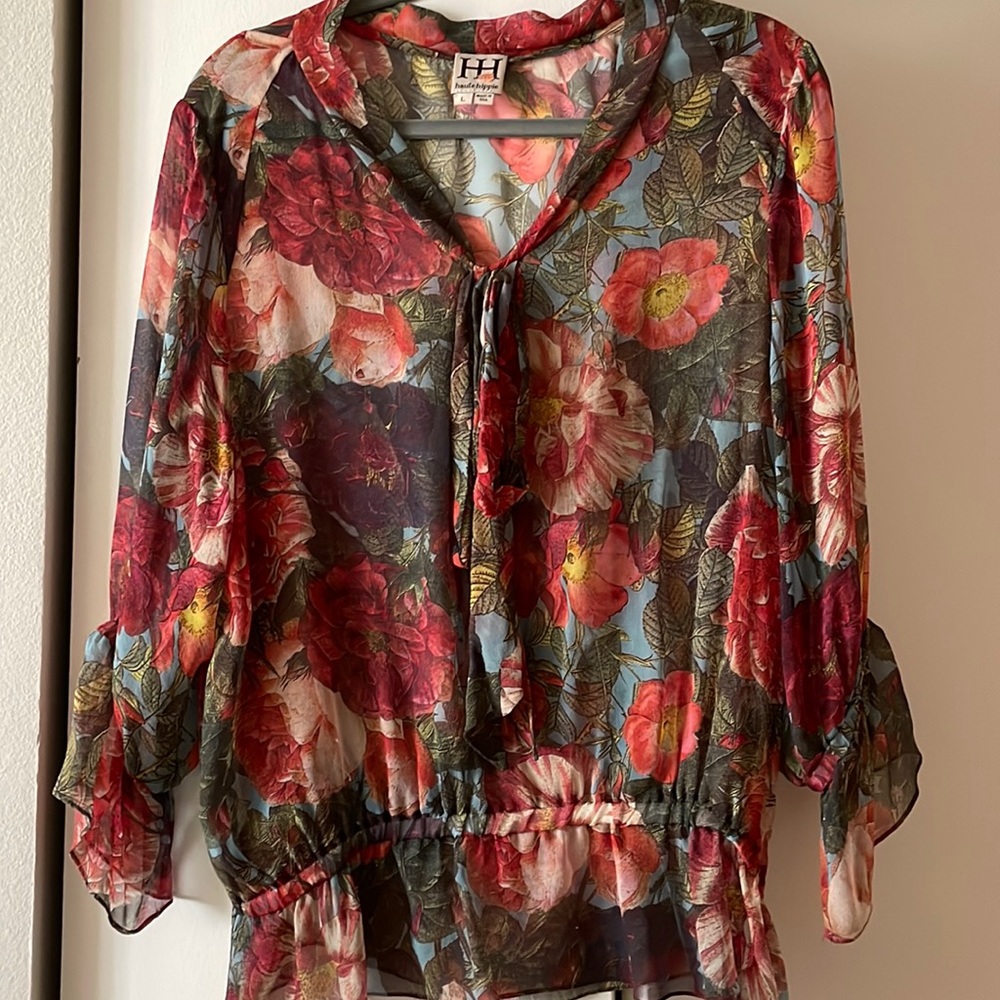 Haute Hippie Floral Sheer Tie-Neck Blouse in Red, Pink, Green